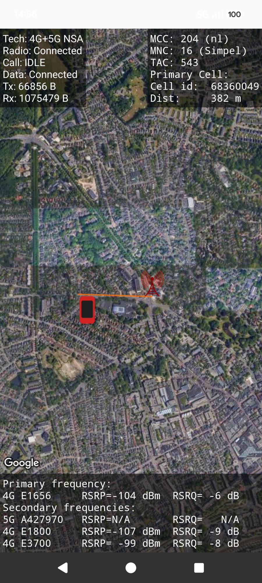 Geographical view: phone, tower and the link between them
