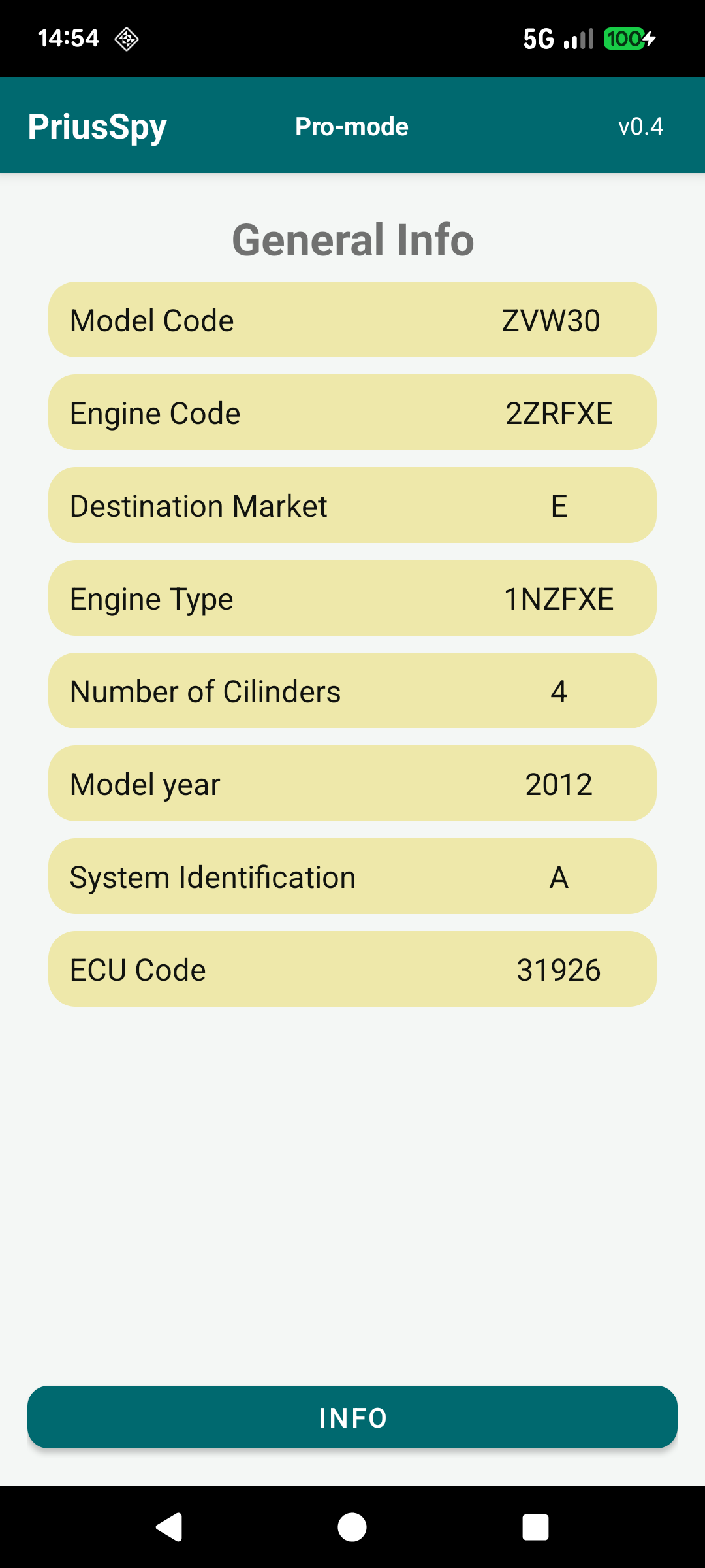 General Car Information screen
