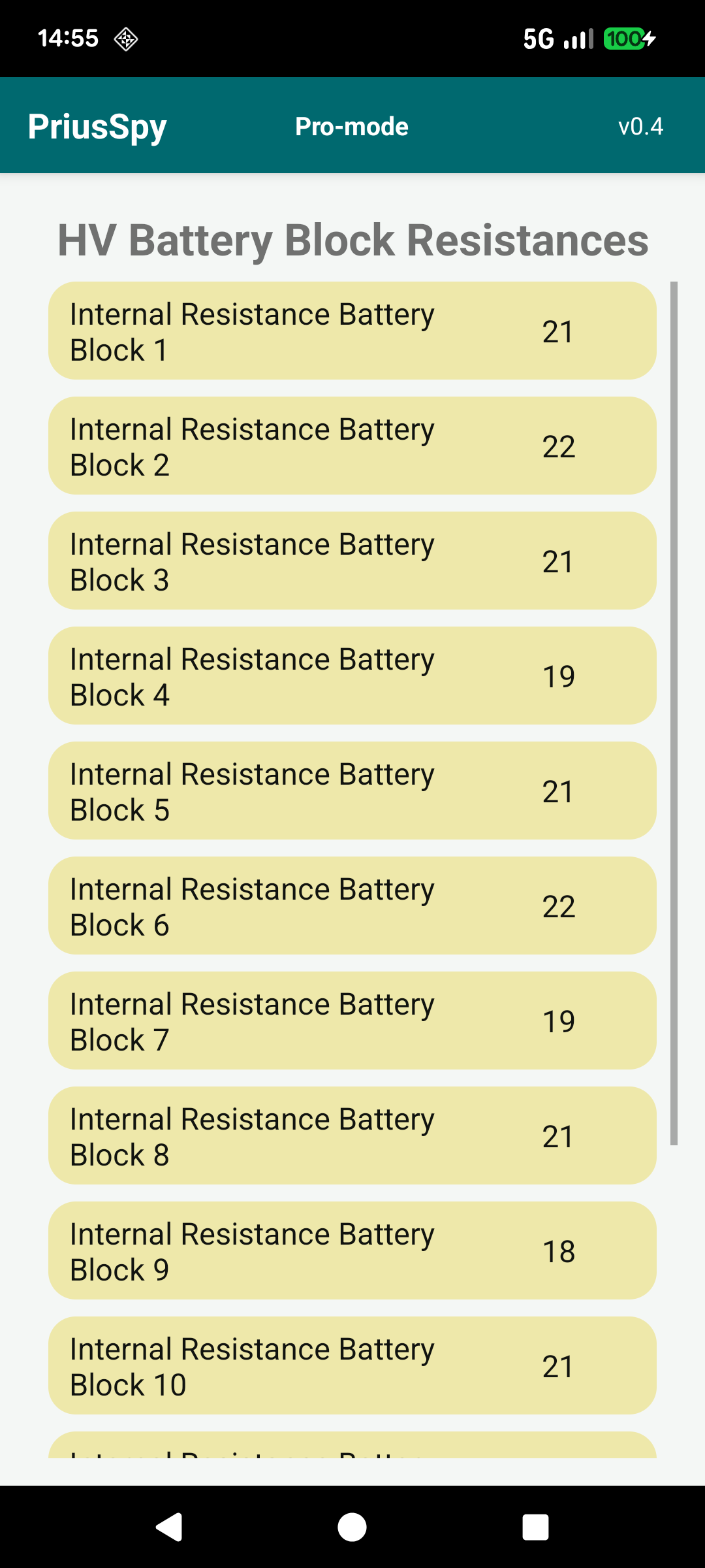 HV Battery Block Resistances screen